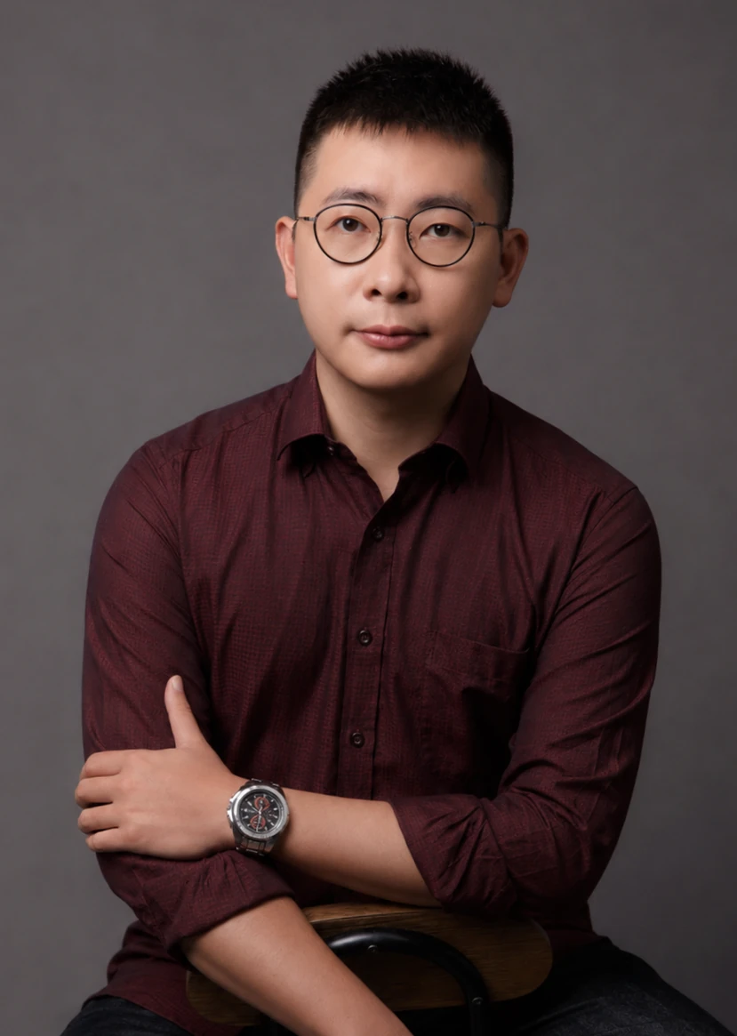 Portrait of Wenyu Ku seated in a burgundy shirt against a gray background.