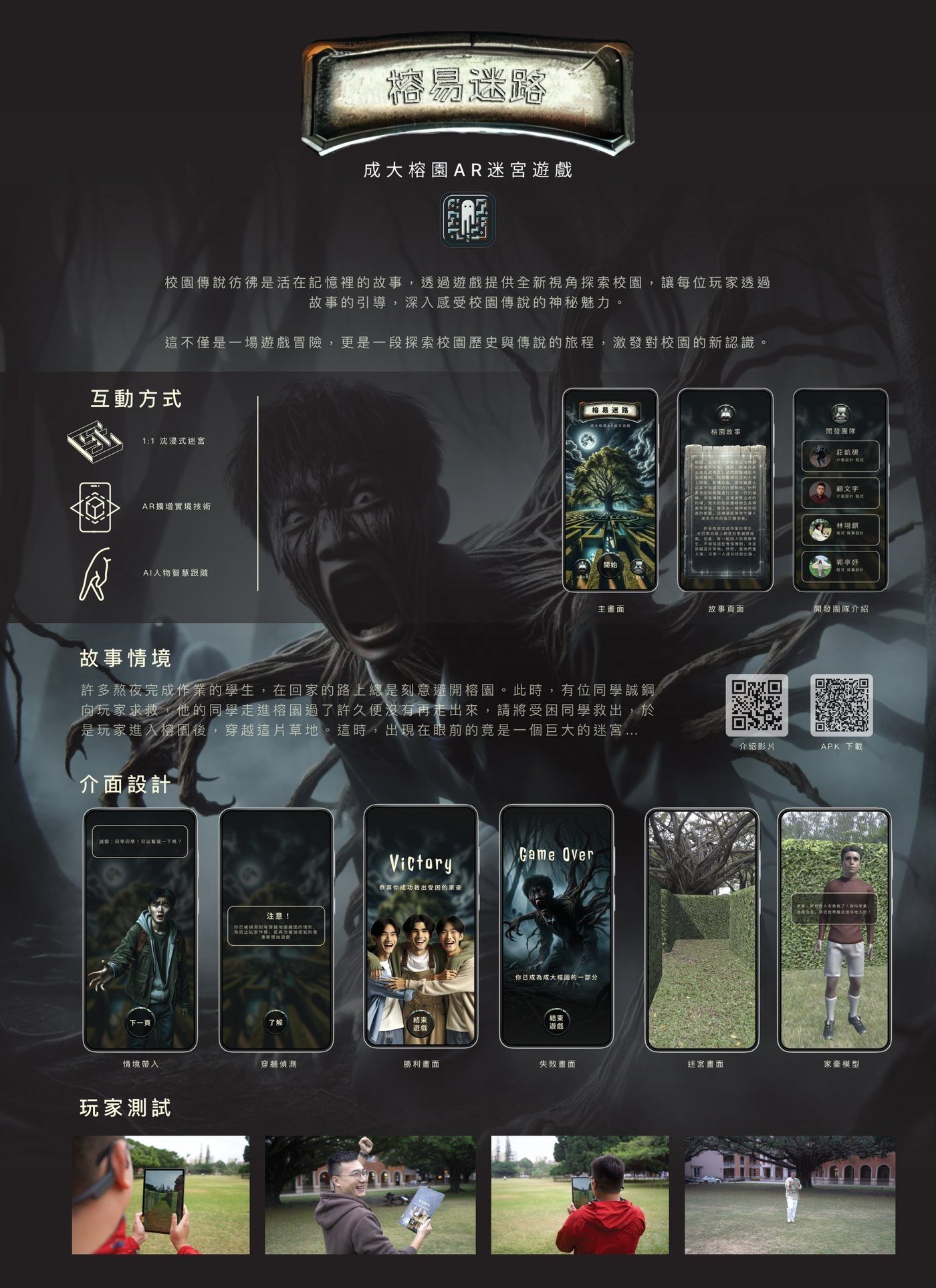 榕易迷路 exhibition poster — A1 vertical print with the game title at the top, a ghost-face central illustration, six phone-frame UI screenshots, six testing photos, and QR codes for video and APK download.