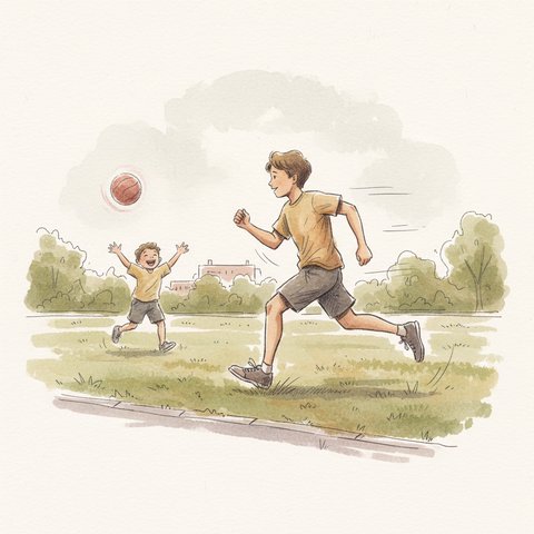 Observation-notebook sketch: a runner mid-stride on the banyan-garden grass perimeter, with a child reaching for a ball in the soft background.