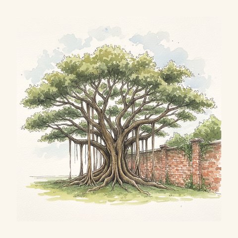 Observation-notebook sketch: an old wide-spreading banyan tree on the grass beside the red-brick perimeter wall, no people, cloudy afternoon.