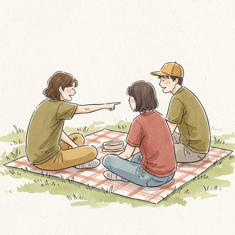 Observation-notebook sketch: three friends on a picnic mat leaning into conversation, no devices visible.
