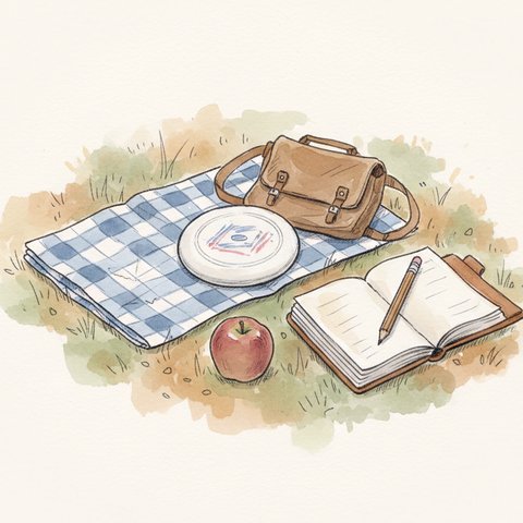 Observation-notebook still life on grass: a folded picnic mat, a frisbee, a small bag, an apple, an open notebook with pencil.