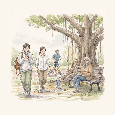 Observation-notebook sketch: four banyan-garden visitors in a loose group — a student with backpack, a parent and child, a jogger, and an older neighbor on a bench.