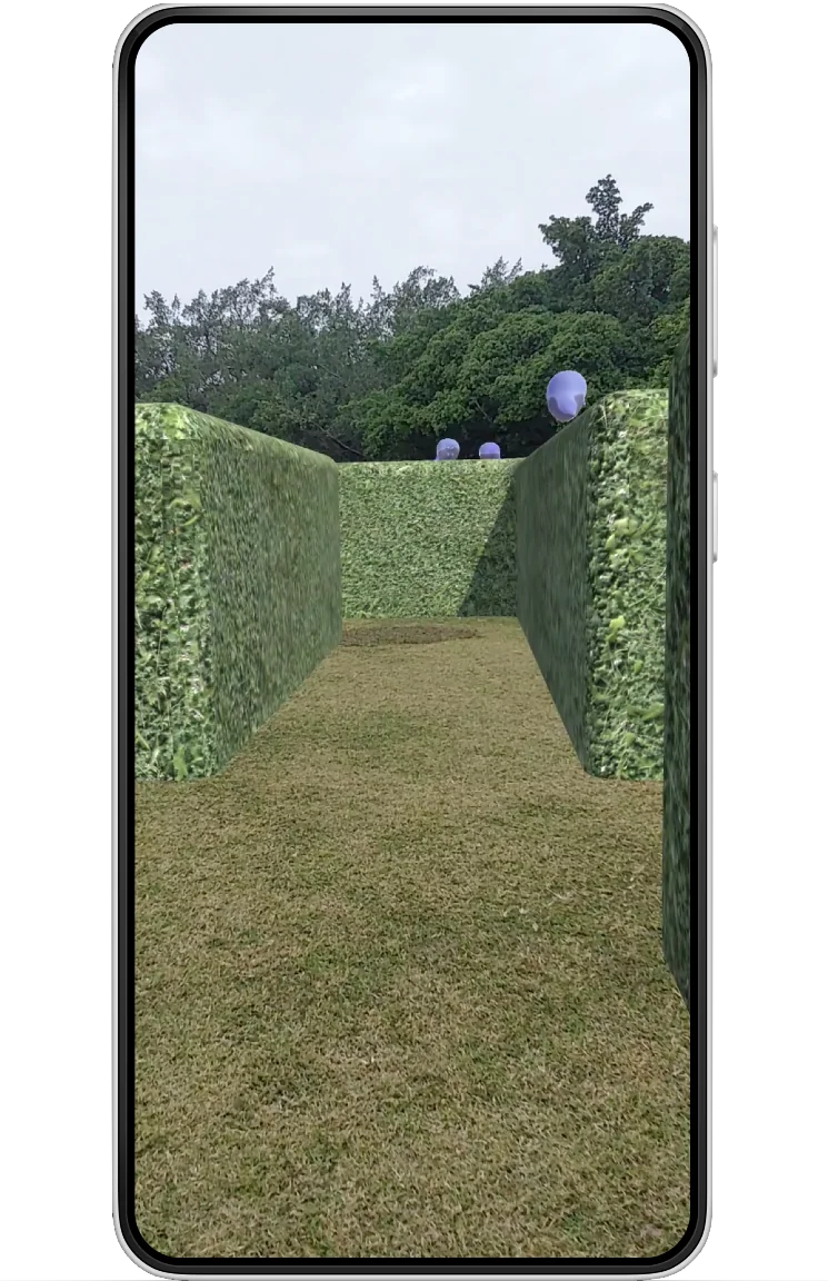 Inside the AR hedge maze: tall green walls flank a corridor of real grass, with faint ghost orbs in the distance.