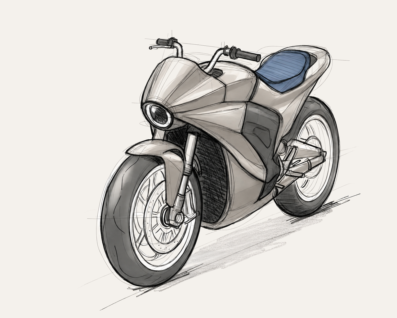 A hand-drawn 2016 sketch of the E.Jet concept motorcycle in three-quarter front view, drawn in graphite and warm-gray watercolor wash on textured paper. Twin cowl ducts read as fighter-jet intakes; the headlight sits recessed like a cockpit canopy.