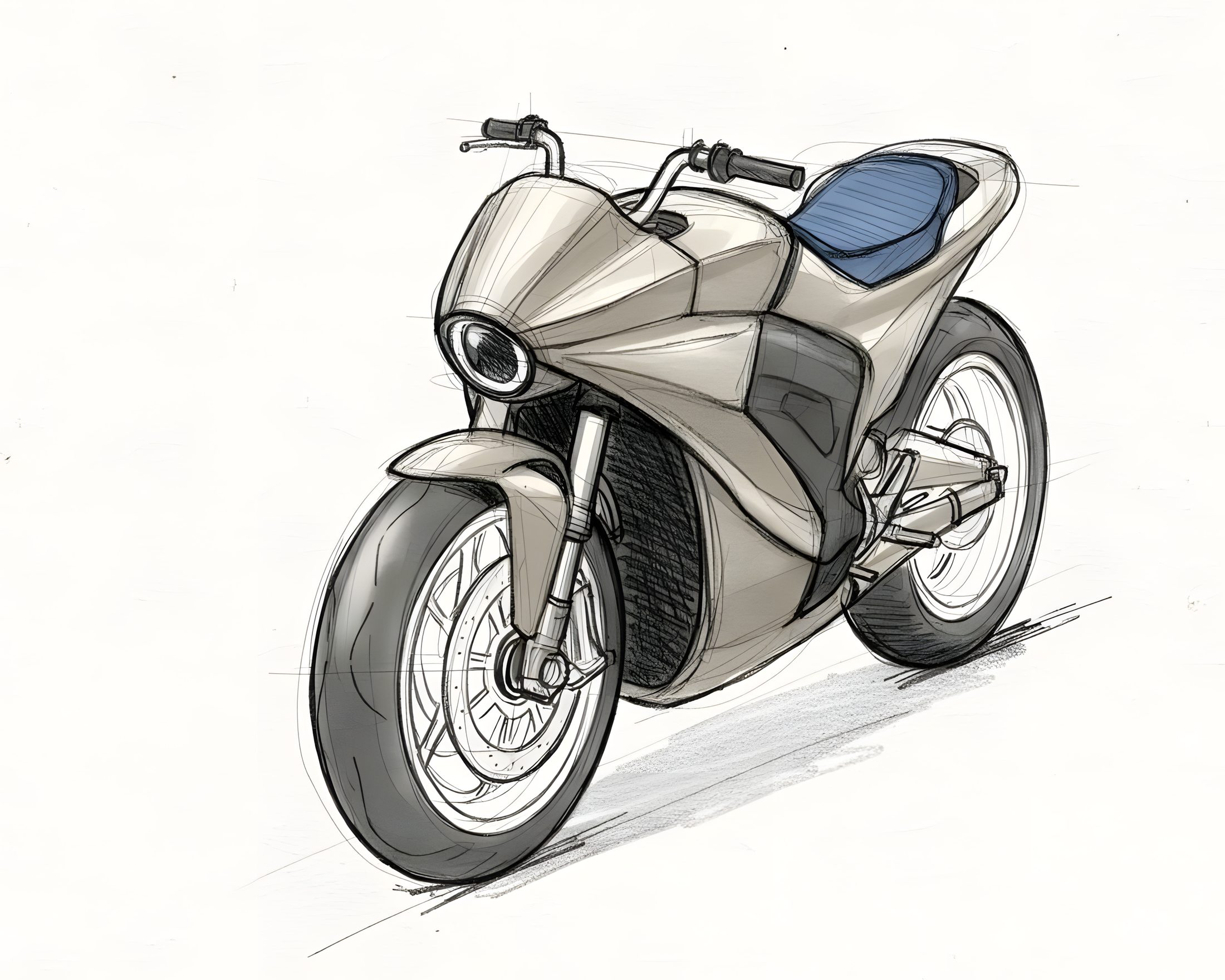 A hand-drawn 2016 sketch of the E.Jet concept motorcycle in three-quarter front view, drawn in graphite and warm-gray watercolor wash on textured paper. Twin cowl ducts read as fighter-jet intakes; the headlight sits recessed like a cockpit canopy.