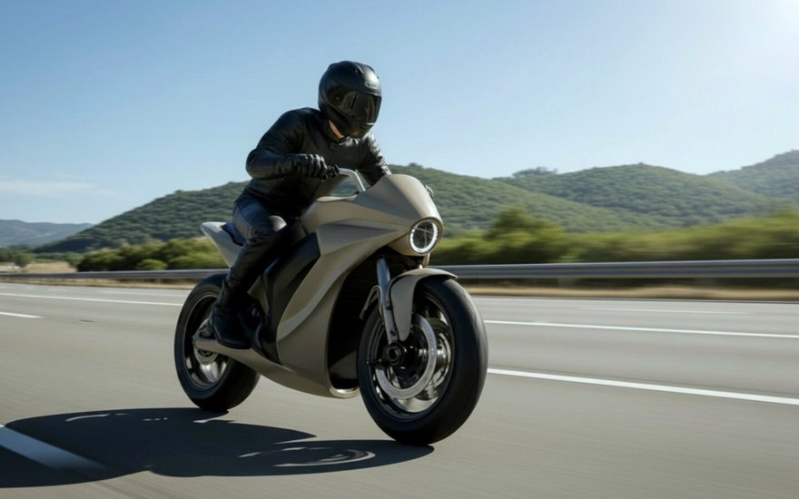 E.Jet motorcycle being ridden along a coastal highway.