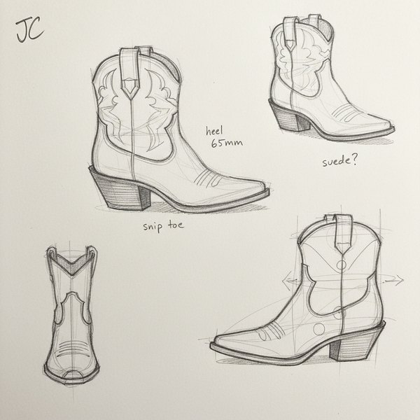 A loose graphite sketch on plain paper: three overlapping ideation studies of a Western-style ankle boot, with scribbled handwritten notes — 'heel 65mm', 'snip toe', 'suede?' — eraser smudges and confident overshooting strokes. A designer's rapid mid-process working drawing.