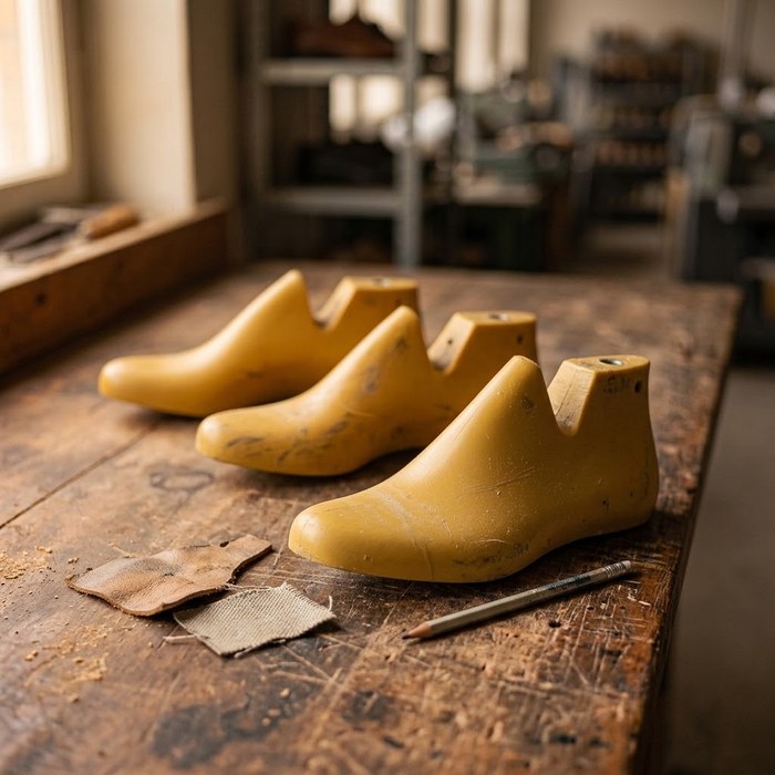Three matte-yellow plastic shoe lasts lying in a row on a worn factory bench, leather offcuts and a pencil beside them — the physical forms a boot is built around.