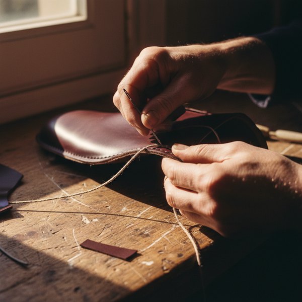 Extreme close-up of a craftsman's hands stitching the dark leather upper of an unfinished men's boot with a curved needle and waxed cord, on a wooden bench with leather offcuts scattered around.
