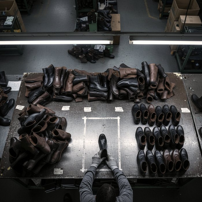 Top-down view of a sorting station: dozens of dark leather boot uppers arranged in stacks and grids on a battered metal table, with worker's hands placing one onto a chalk-marked area — a mass-production material board.