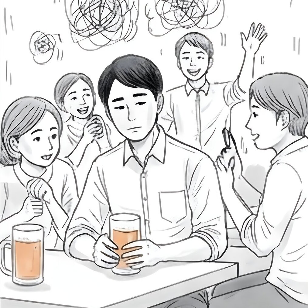 A young man sits at a noisy izakaya dinner with colleagues, holding a half-drunk beer. The colleagues are laughing animatedly; he is physically there but mentally somewhere else, with chaotic scribble-lines floating above his head.