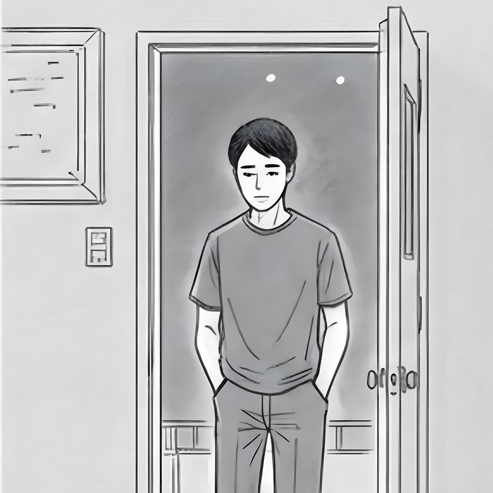 He leaves the lit izakaya alone, hands in pockets, head slightly down. The scribble noise above his head has thinned.