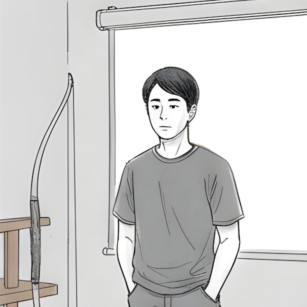Now in a T-shirt and jeans, he stands at the doorway of a quiet studio room: a recurve bow on a stand on one side, a projection screen glowing faintly amber on the other. He exhales, shoulders dropping.