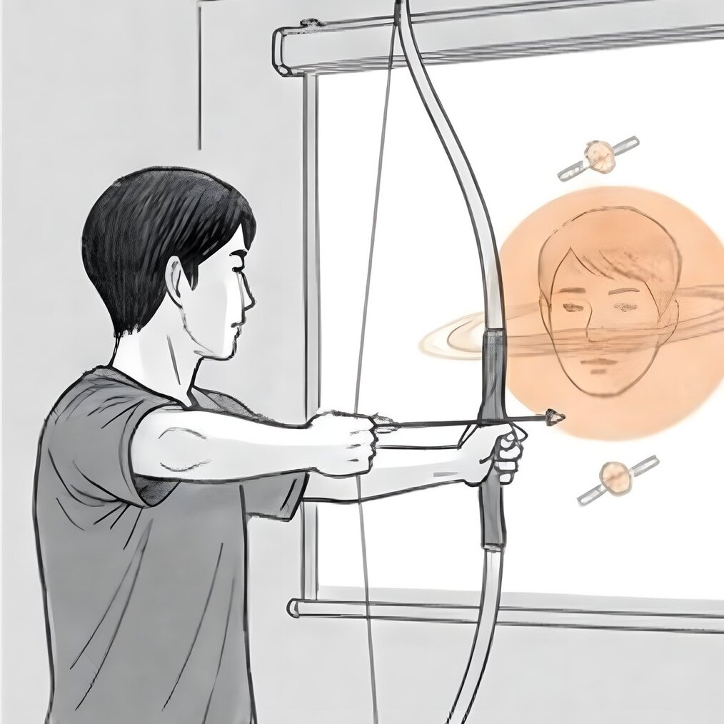 Standing in three-quarter view, he draws the recurve bow toward a projection screen on the wall. The screen shows a warm amber planet with his own face mirrored faintly on its surface, ringed by small satellites.