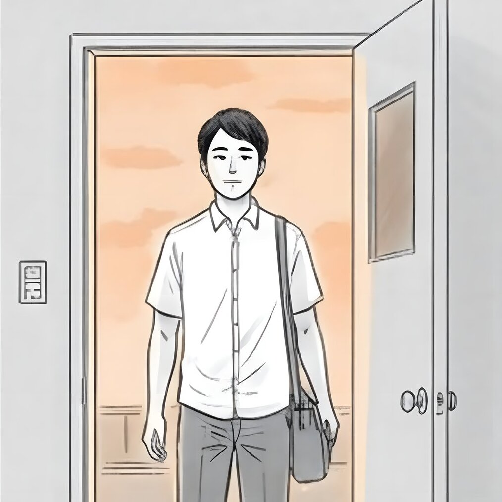 He walks out through a doorway into early-evening light, bag over one shoulder, posture open and unhurried. A soft amber glow on his face from the sunset.