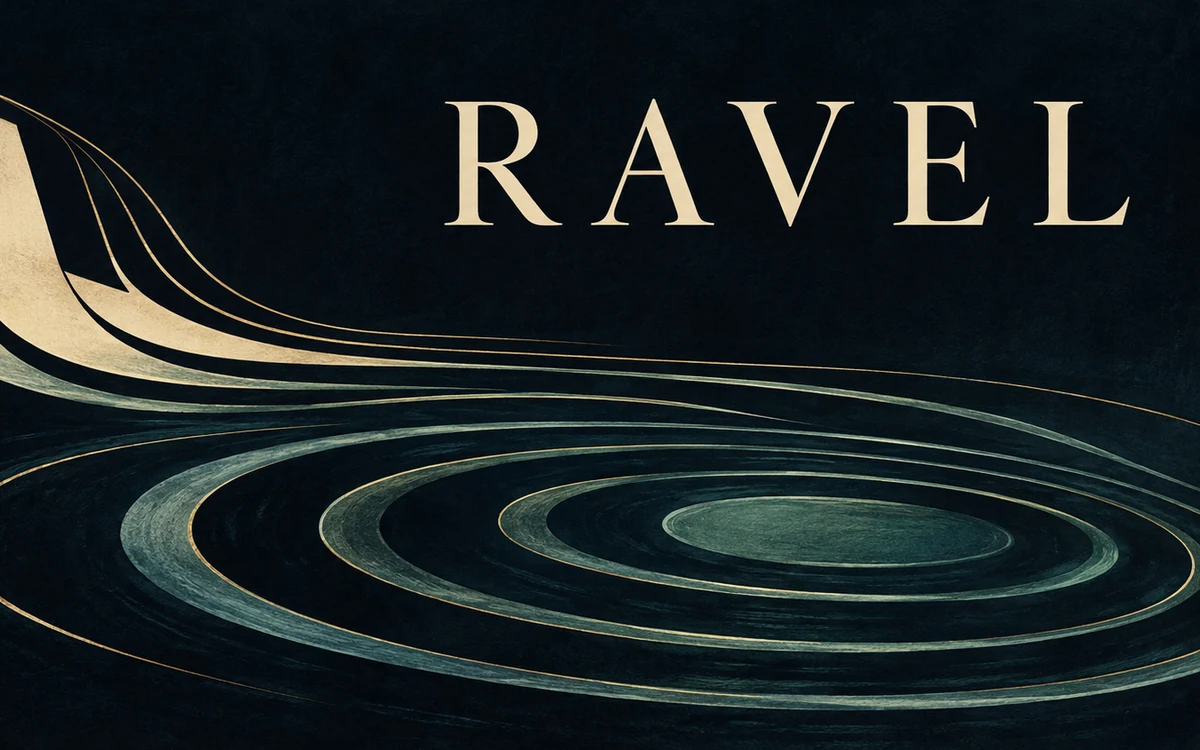 Ivory piano keys flow into jade and gold ripples on a dark background, beside the word RAVEL.