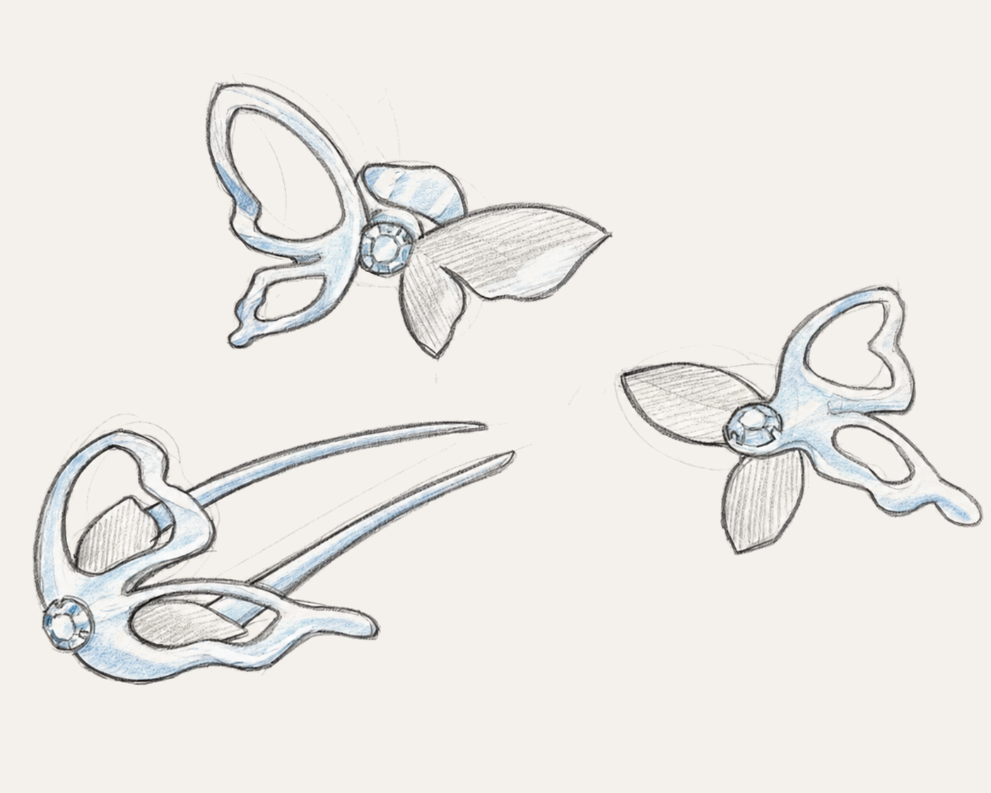 Pencil studies of three butterfly-inspired Liang-Zhu jewelry pieces.