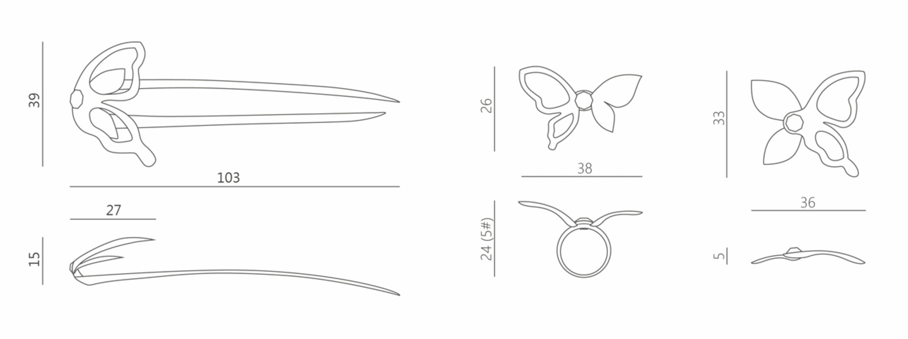 Technical three-view orthographic drawings of all three pieces, with measurements in millimetres.