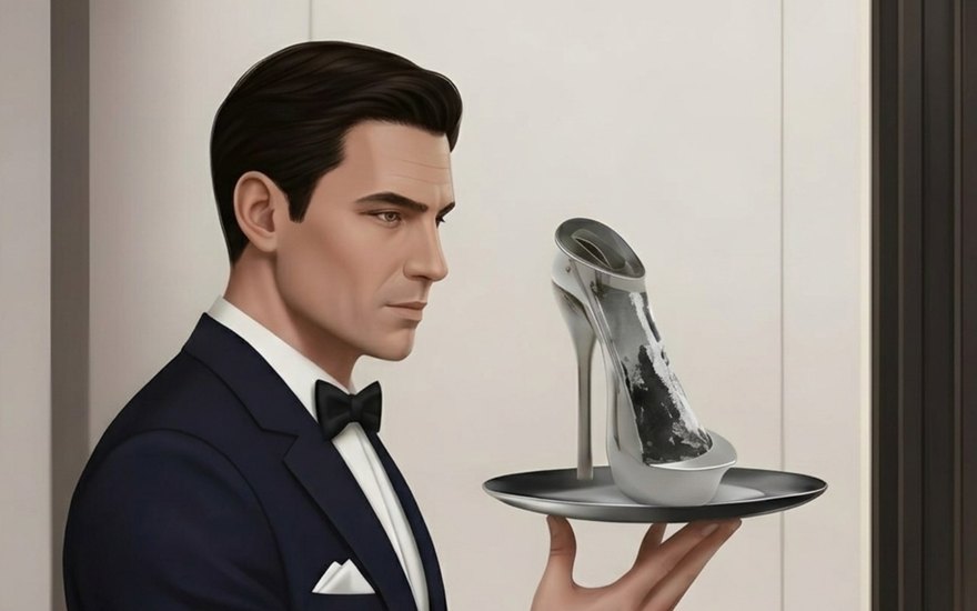 A butler in a tuxedo holding the silver stiletto-shaped decanter on a tray.