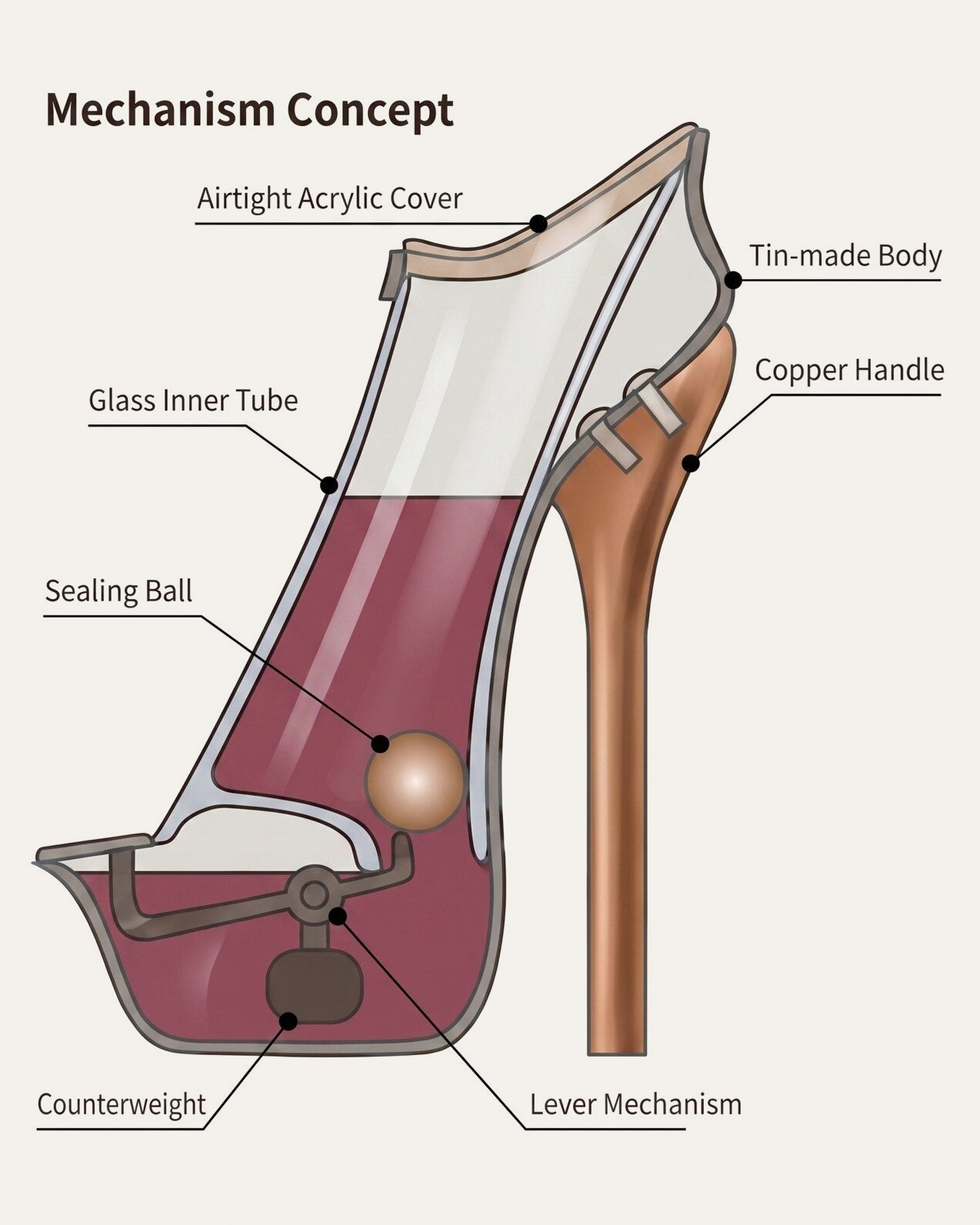 Mechanism cross-section diagram with English labels: Airtight Acrylic Cover, Tin-made Body, Copper Handle, Glass Inner Tube, Sealing Ball, Counterweight, Lever Mechanism.