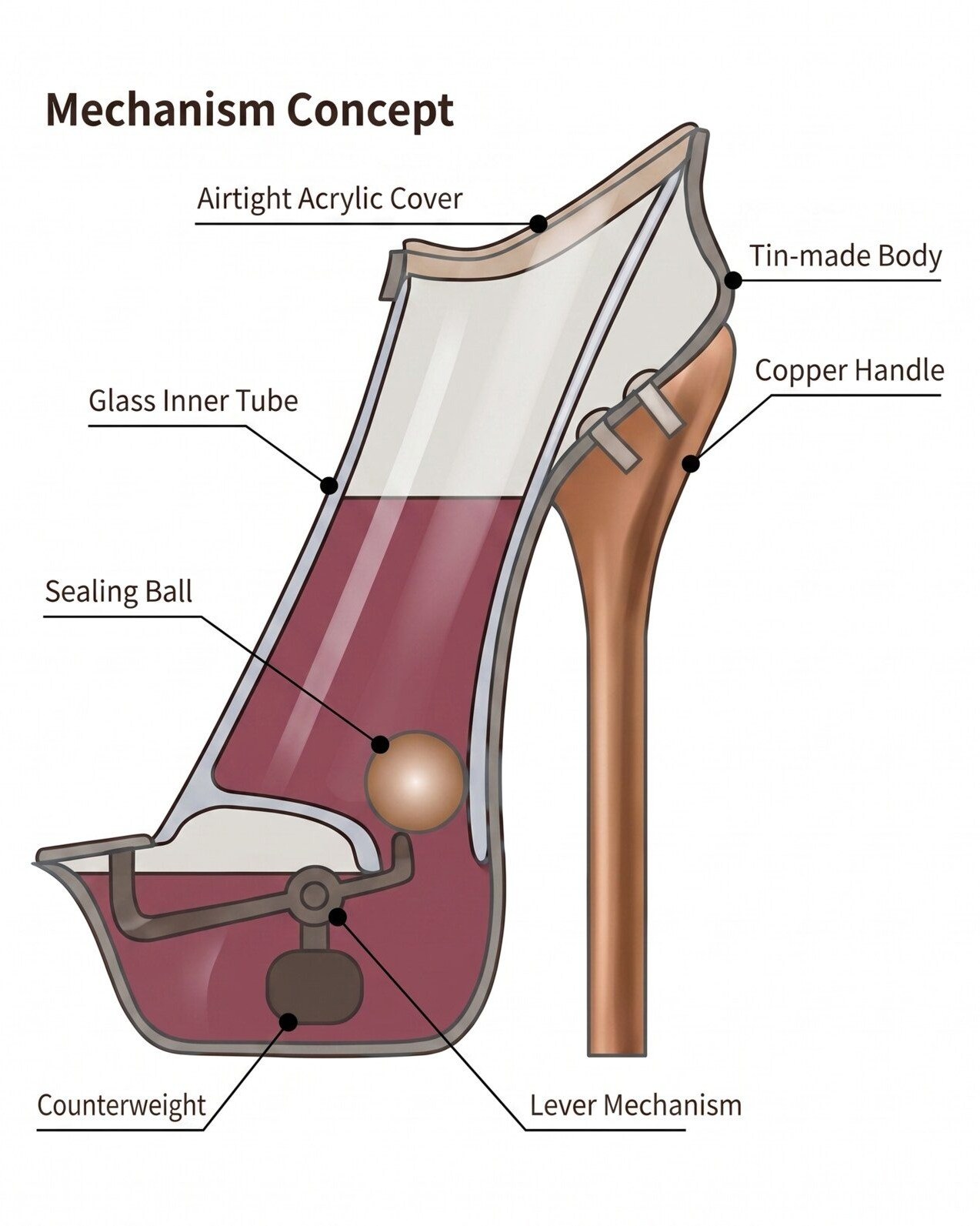 Mechanism cross-section diagram with English labels: Airtight Acrylic Cover, Tin-made Body, Copper Handle, Glass Inner Tube, Sealing Ball, Counterweight, Lever Mechanism.