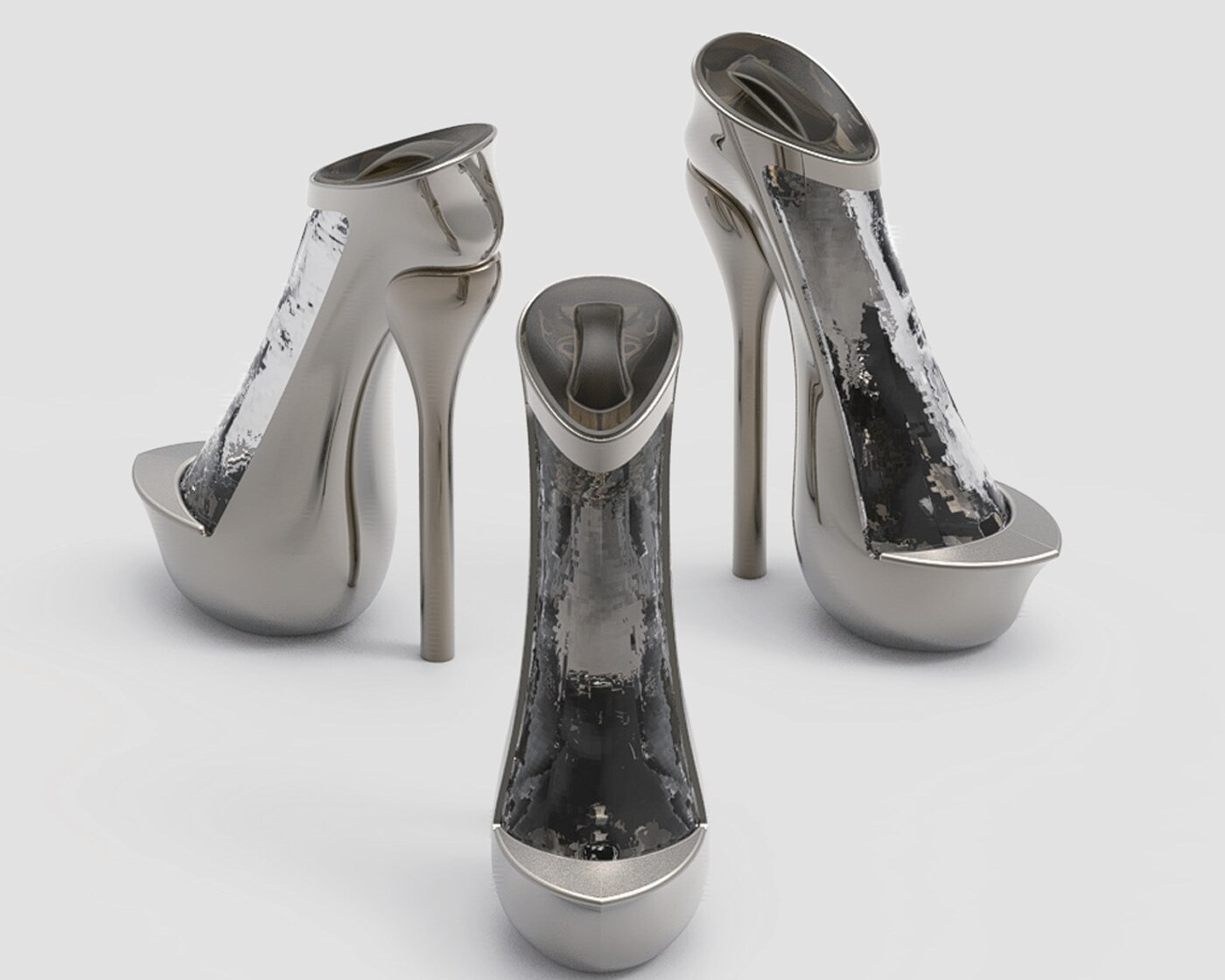 Three CGI renders of the polished tin stiletto decanter from front, side, and rear three-quarter angles, on a clean studio background.