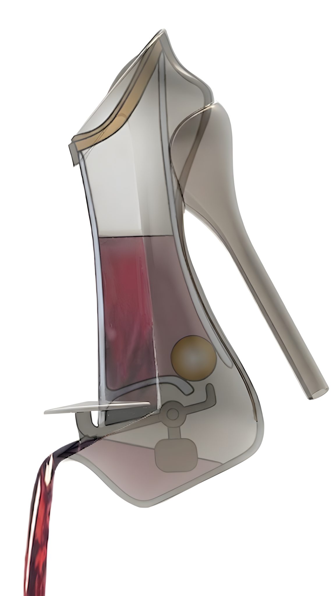 Cross-section render of the decanter mid-pour: wine inside the glass tube, sealing ball lifted, counterweight rotated, one measured stream flowing from the heel-spout.