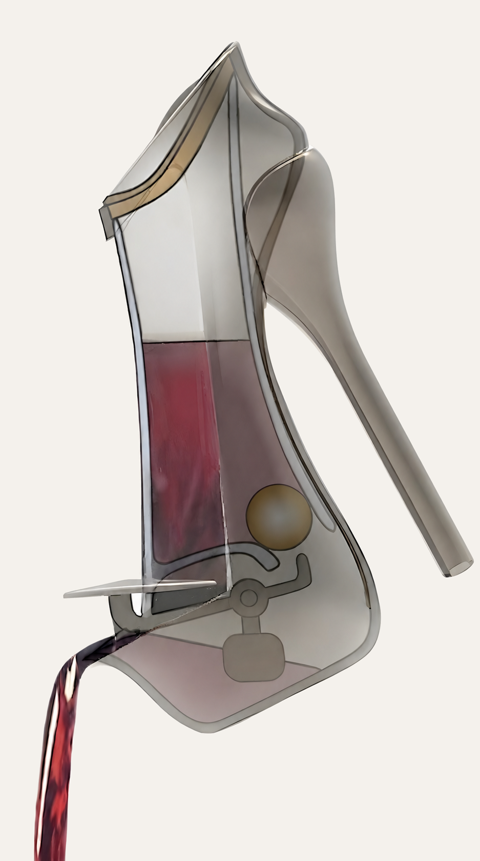 Cross-section render of the decanter mid-pour: wine inside the glass tube, sealing ball lifted, counterweight rotated, one measured stream flowing from the heel-spout.