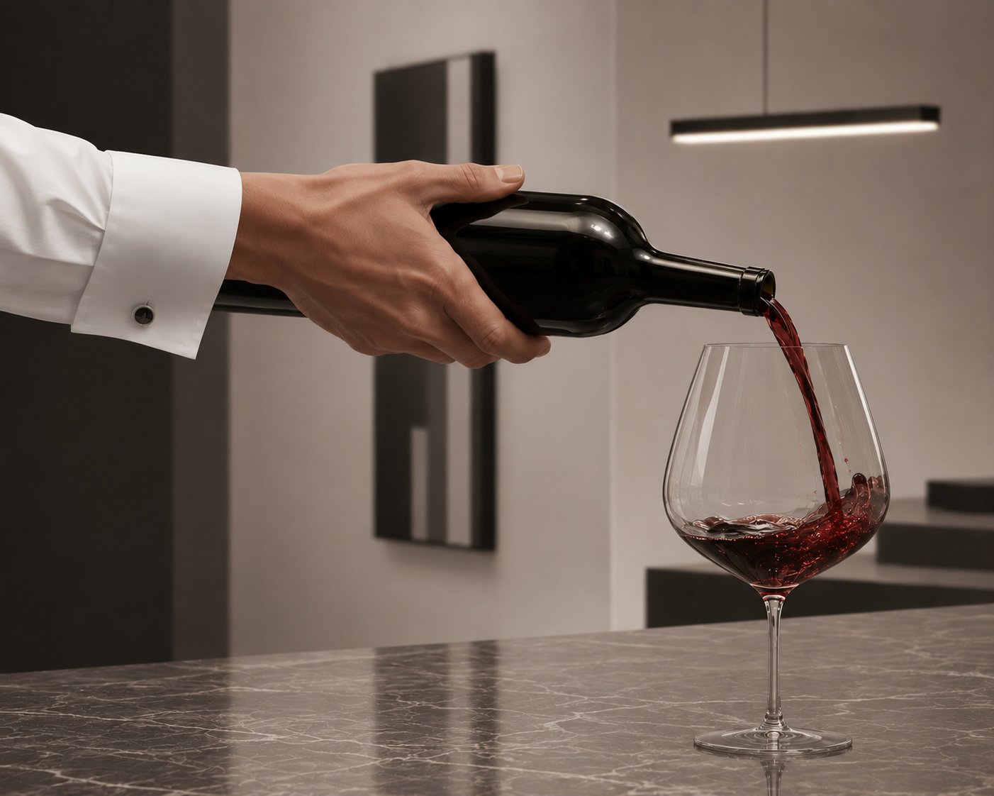 Editorial illustration: a sommelier's wrist tilting a wine bottle, a thin stream of red wine mid-pour into an empty crystal glass on a dark stone bar counter, modern minimalist setting with a linear pendant fixture overhead.