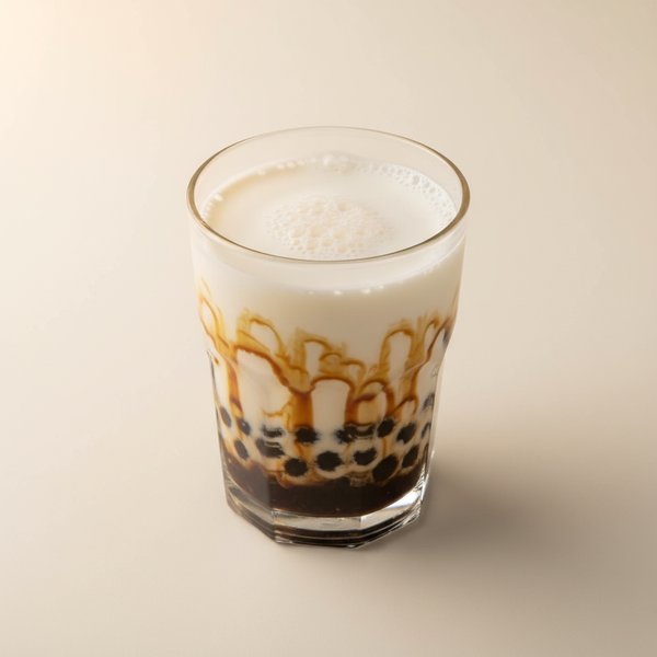 Brown sugar pearl milk — milk in a glass with dark sago pearls and brown sugar streaks at the bottom.