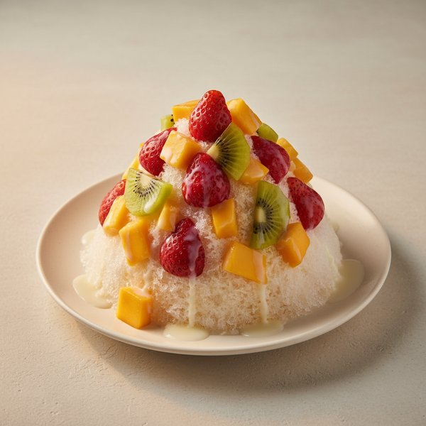 Shaved ice with fresh fruit on top.