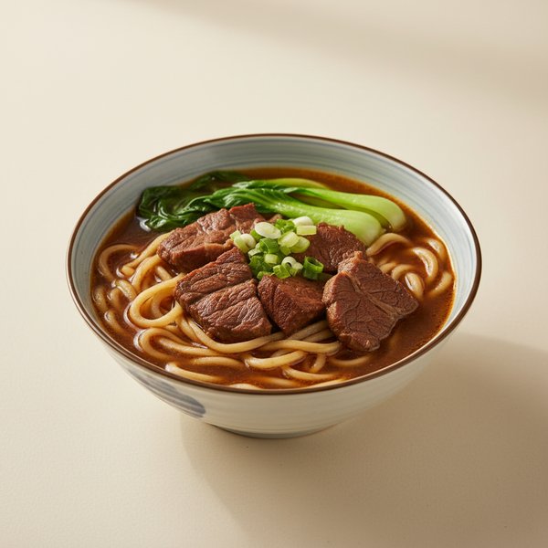 Beef noodle soup in a deep brown broth.
