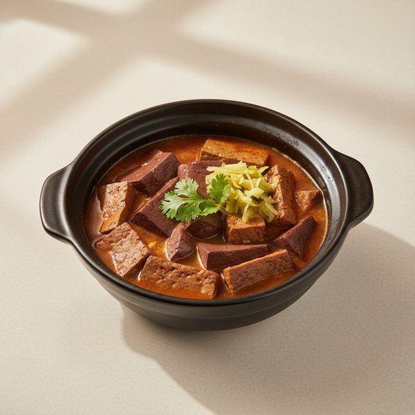 Duck blood and stinky tofu in deep red broth.