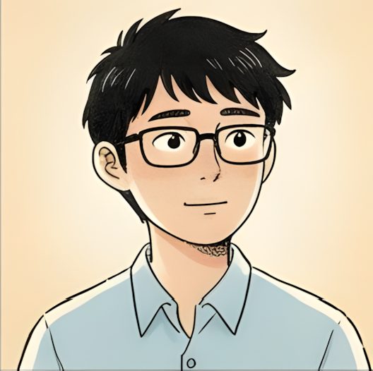 Yamada Kenichi — illustrated head-and-shoulders portrait of the persona, light blue button-down shirt, glasses, small backpack strap.