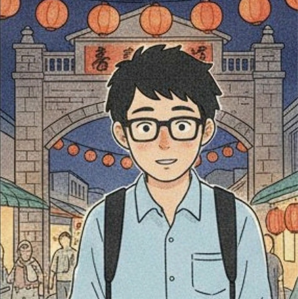 Yamada from behind, standing under the arched gateway of a Taiwan night market at dusk, lanterns and food stalls ahead.