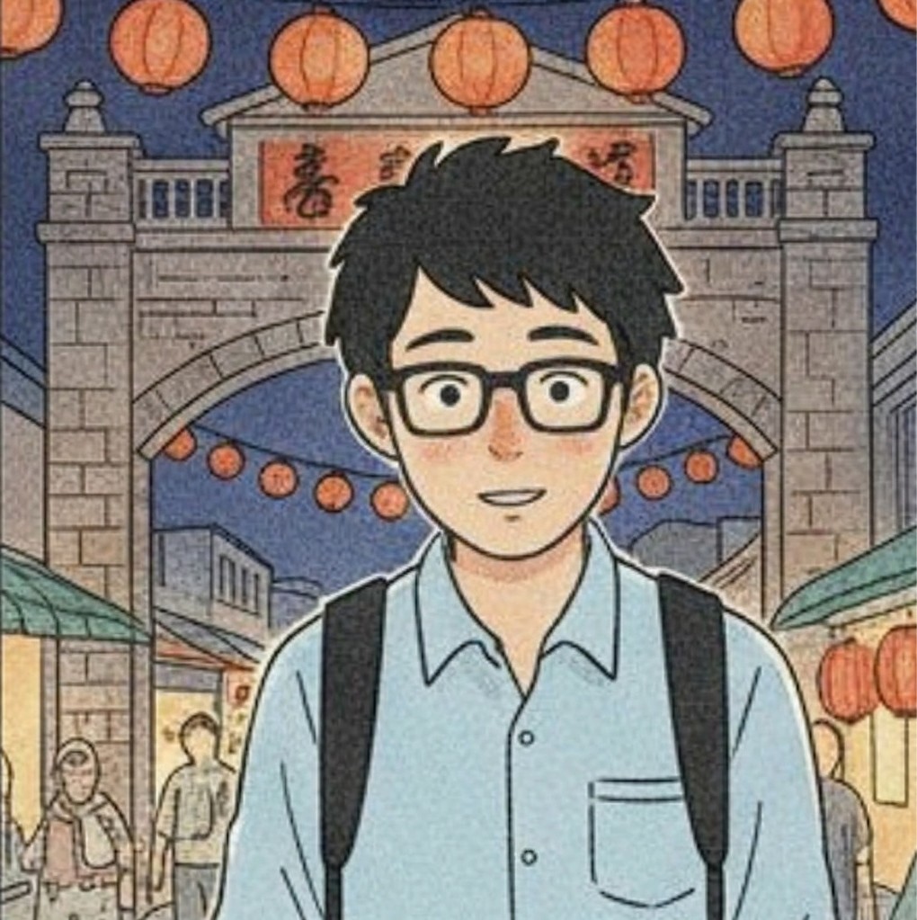 Yamada from behind, standing under the arched gateway of a Taiwan night market at dusk, lanterns and food stalls ahead.