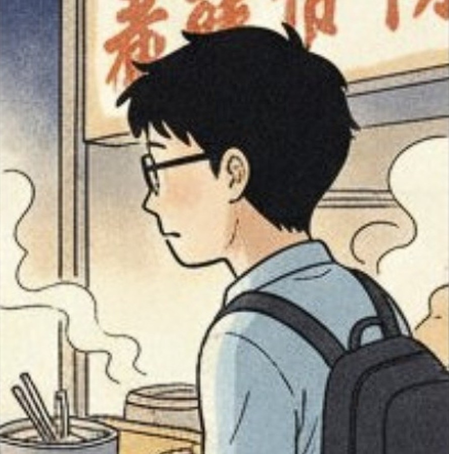 Yamada looking up at a hand-painted vendor sign, slight frown of concentration.