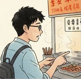 Yamada gesturing at displayed food across the counter, vendor reaching back.