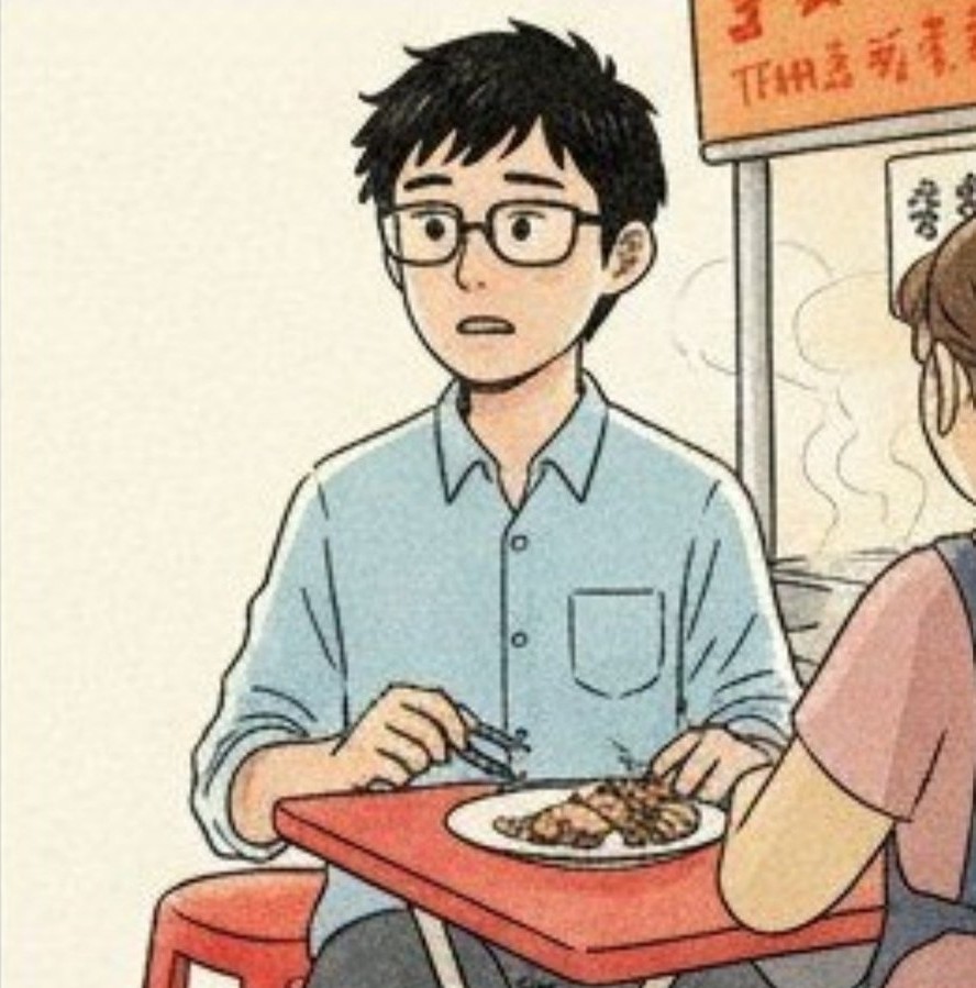 Yamada seated at a low plastic table, a vendor's hand placing an unfamiliar dish in front of him.