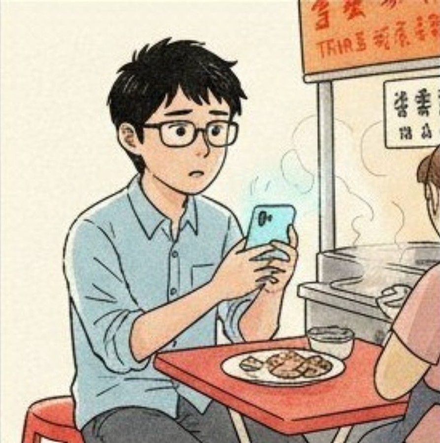 Yamada holding his phone close, frowning, trying to translate the ingredients.