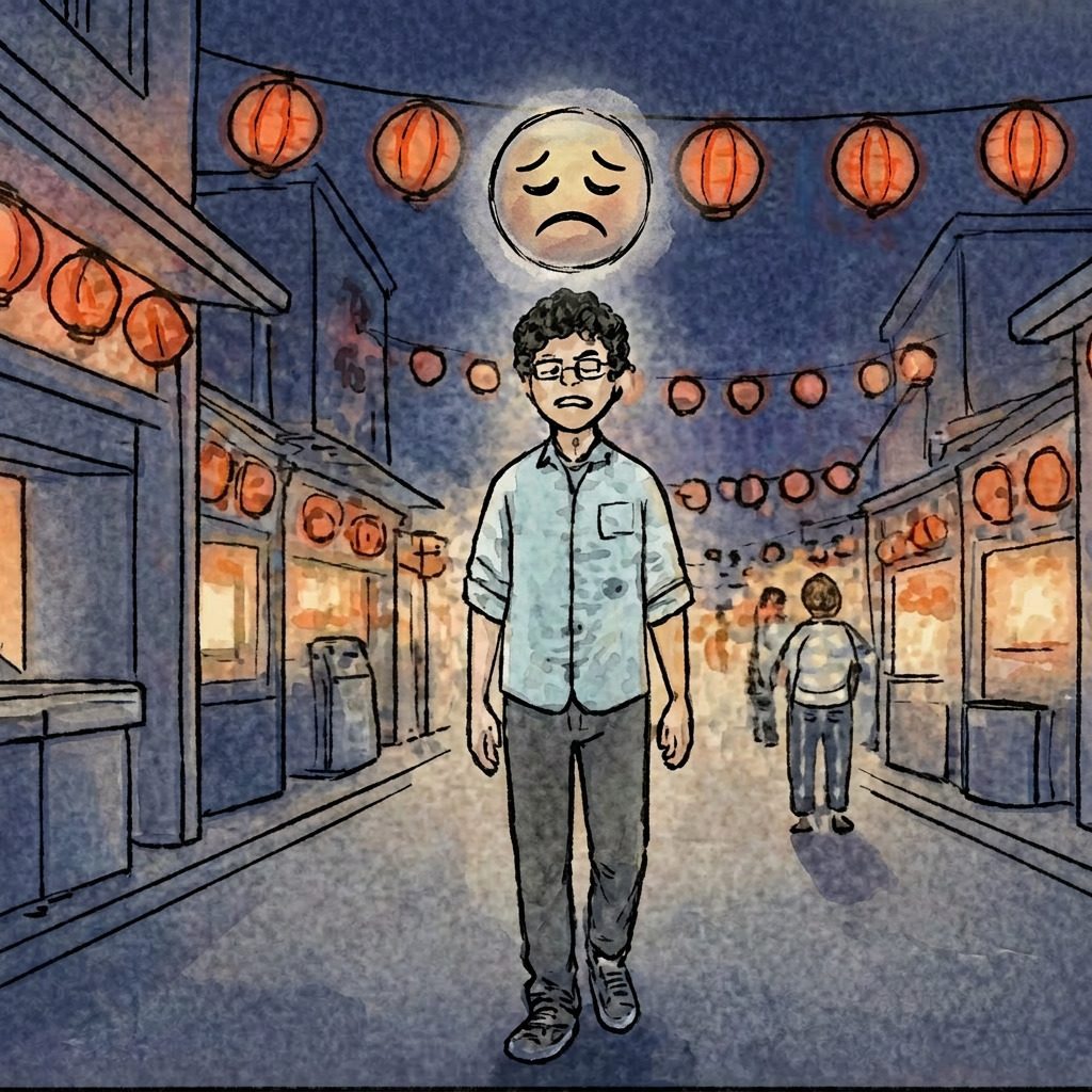 Wide shot of Yamada walking out of the alley, looking up, a faint app icon appearing as a thought.