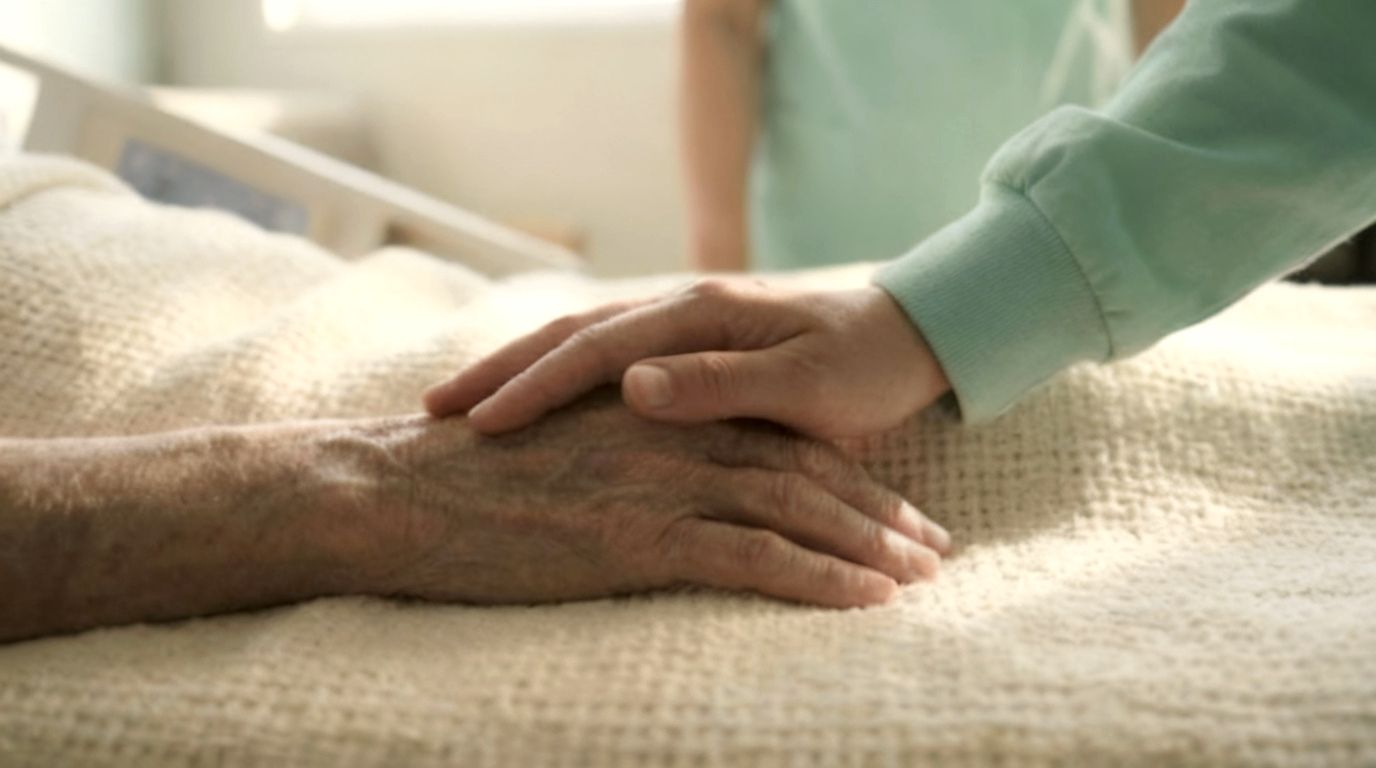A caregiver's hand resting gently on an elderly patient's hand, on top of the hospital blanket.