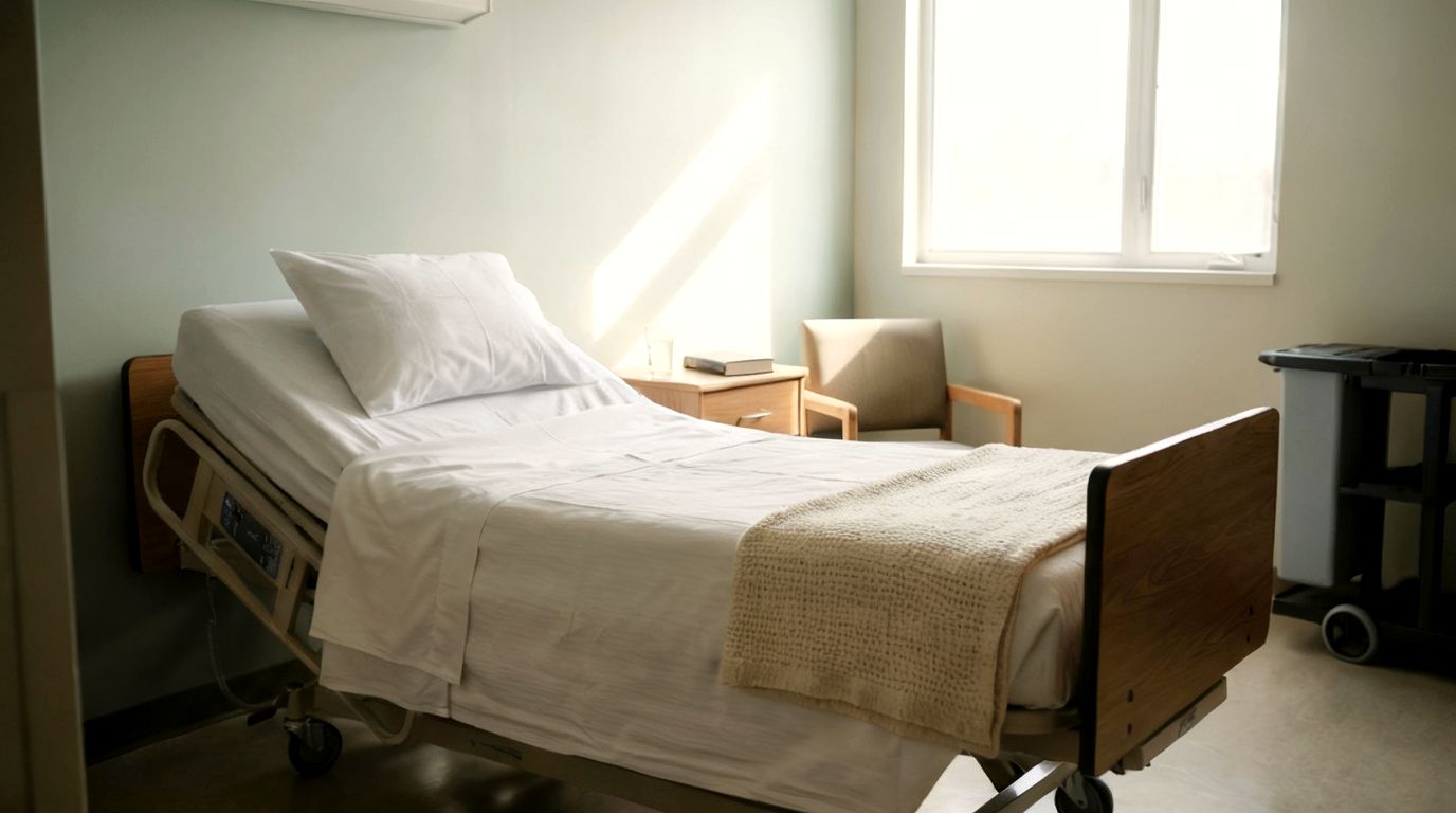 View from doorway of an eldercare hospital room: caregiver attending patient at bedside, Wash Enjoy cart parked nearby.