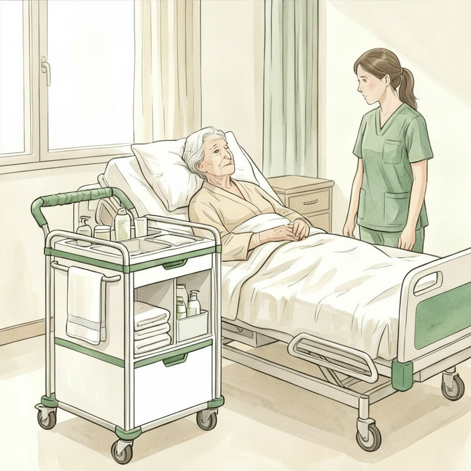 Elderly patient in bed, head raised slightly, cart parked bedside, caregiver standing nearby.