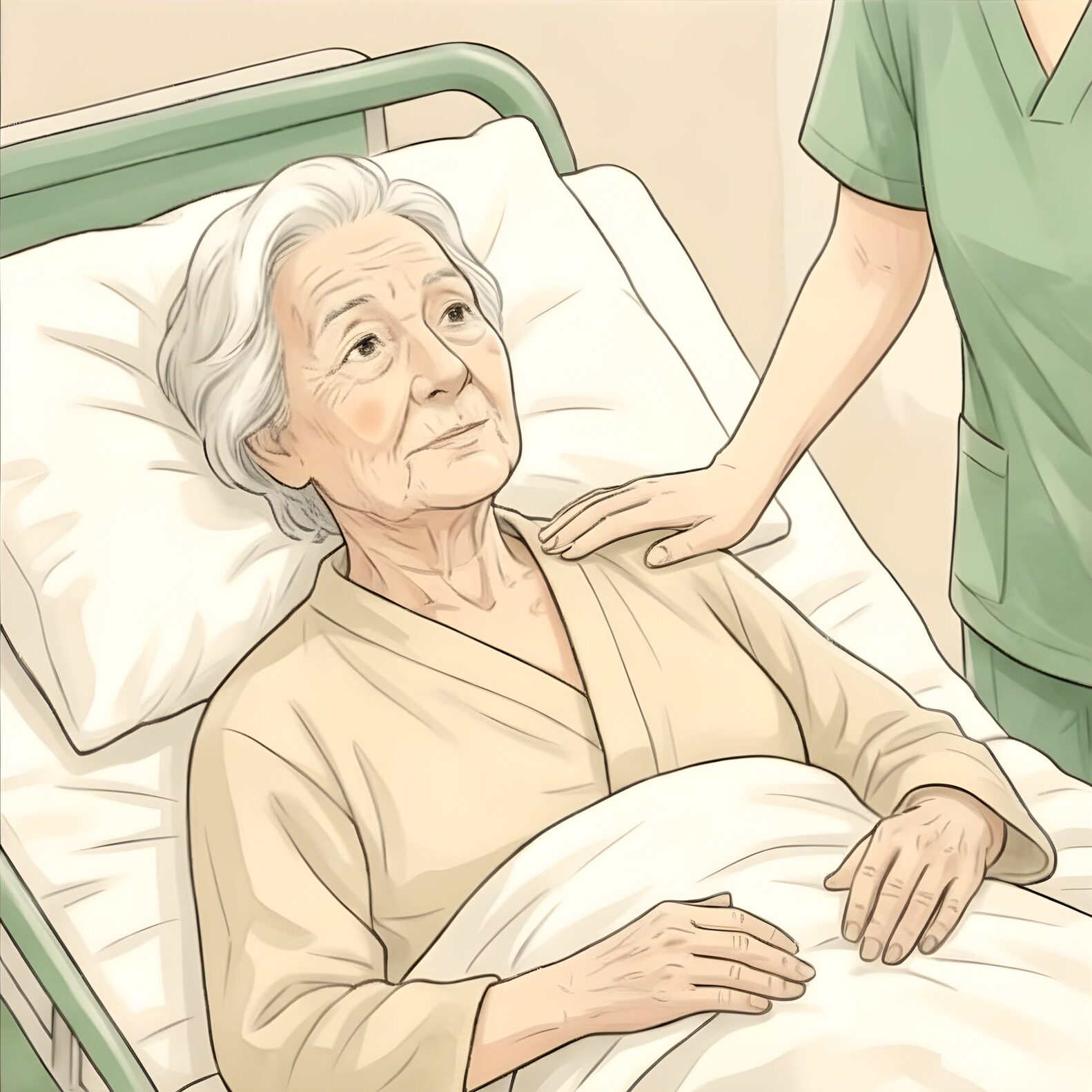 Overhead view of patient face and shoulders, caregiver's hand on shoulder.