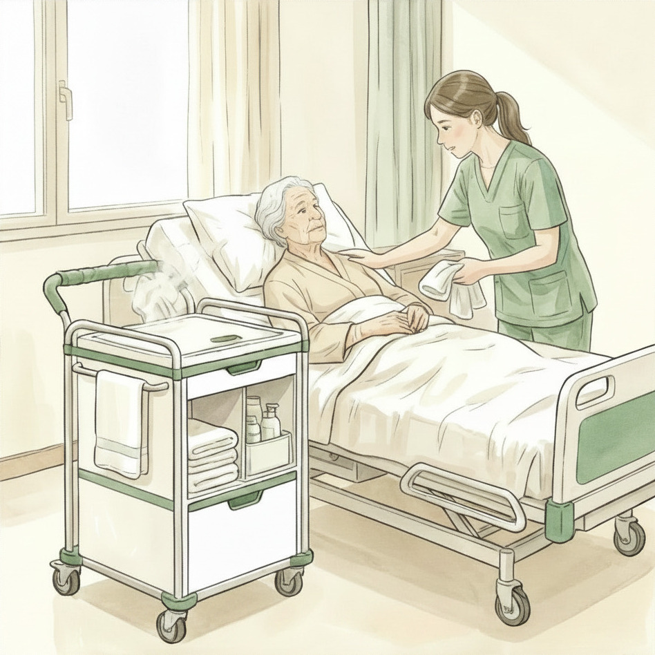 Caregiver gently washing under warm towels for dignity, hose drawn softly from the cart.