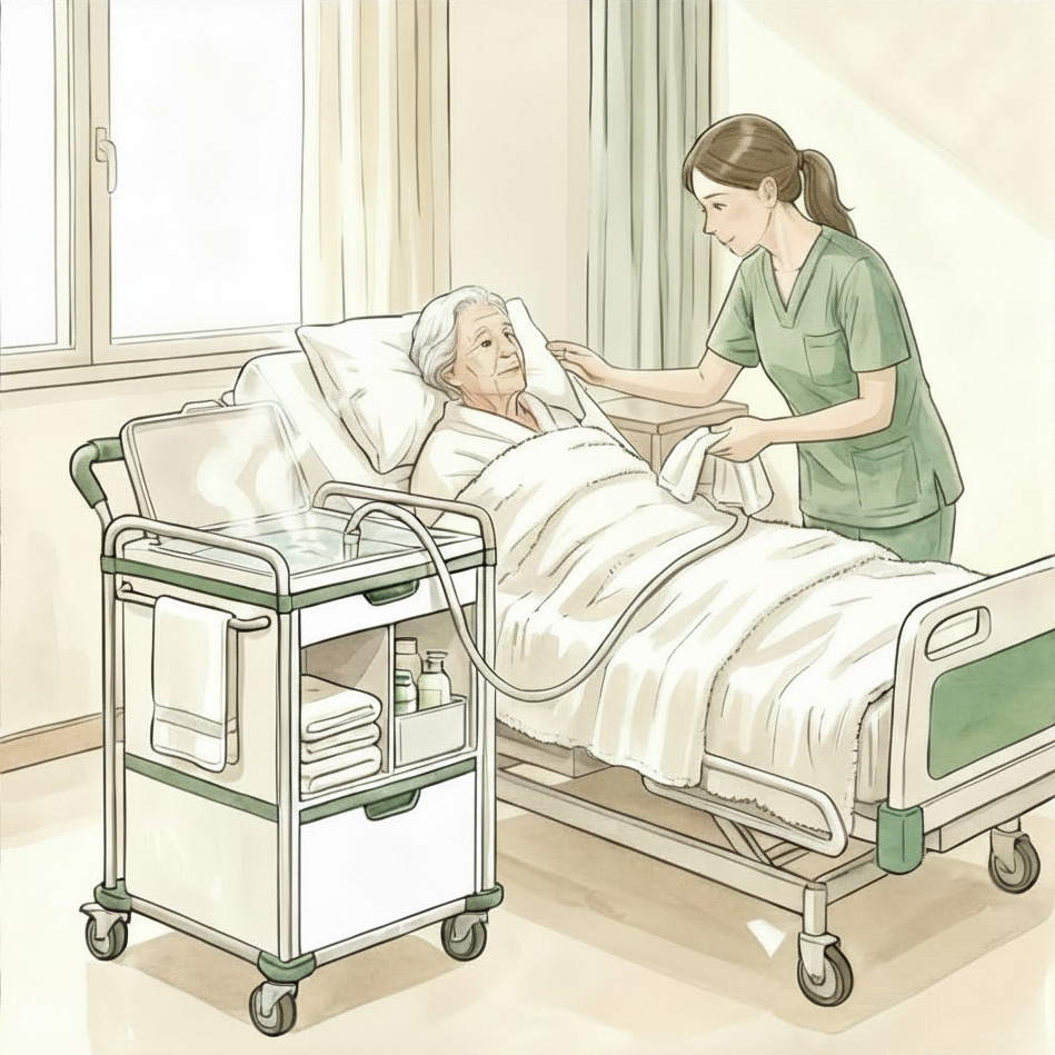 Caregiver patting the patient dry, the body still kept under towels.