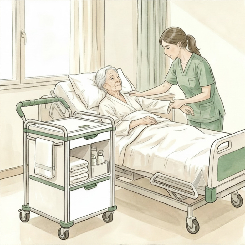 Patient dry and comfortable in a fresh gown, cart's water tank closed and sealed beside the bed.