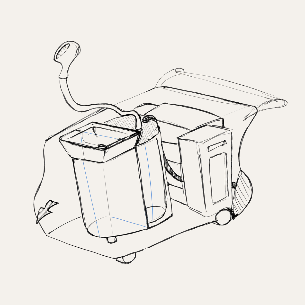 Clear-line industrial sketch of an early cart concept, water tank and basin layout.